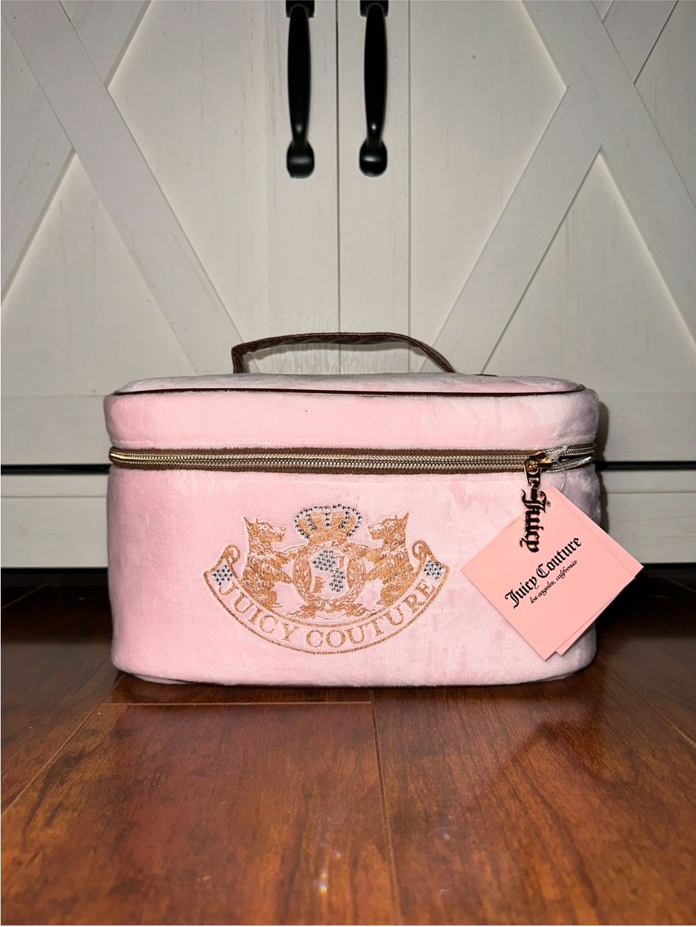 Juicy Couture Pink Velour Cosmetic Case with Gold Crest